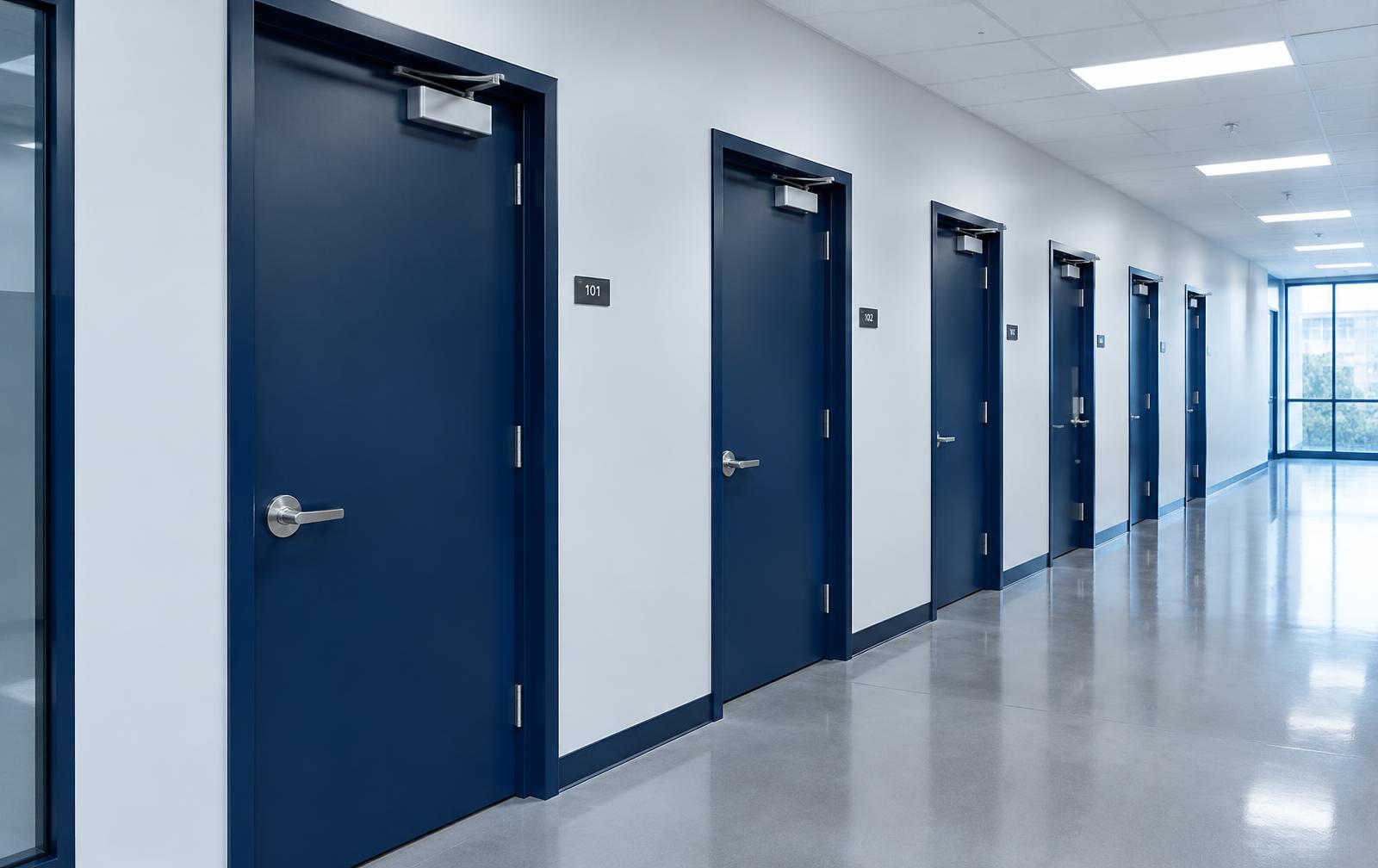 Navy hollow metal doors and frames in a commercial corridor